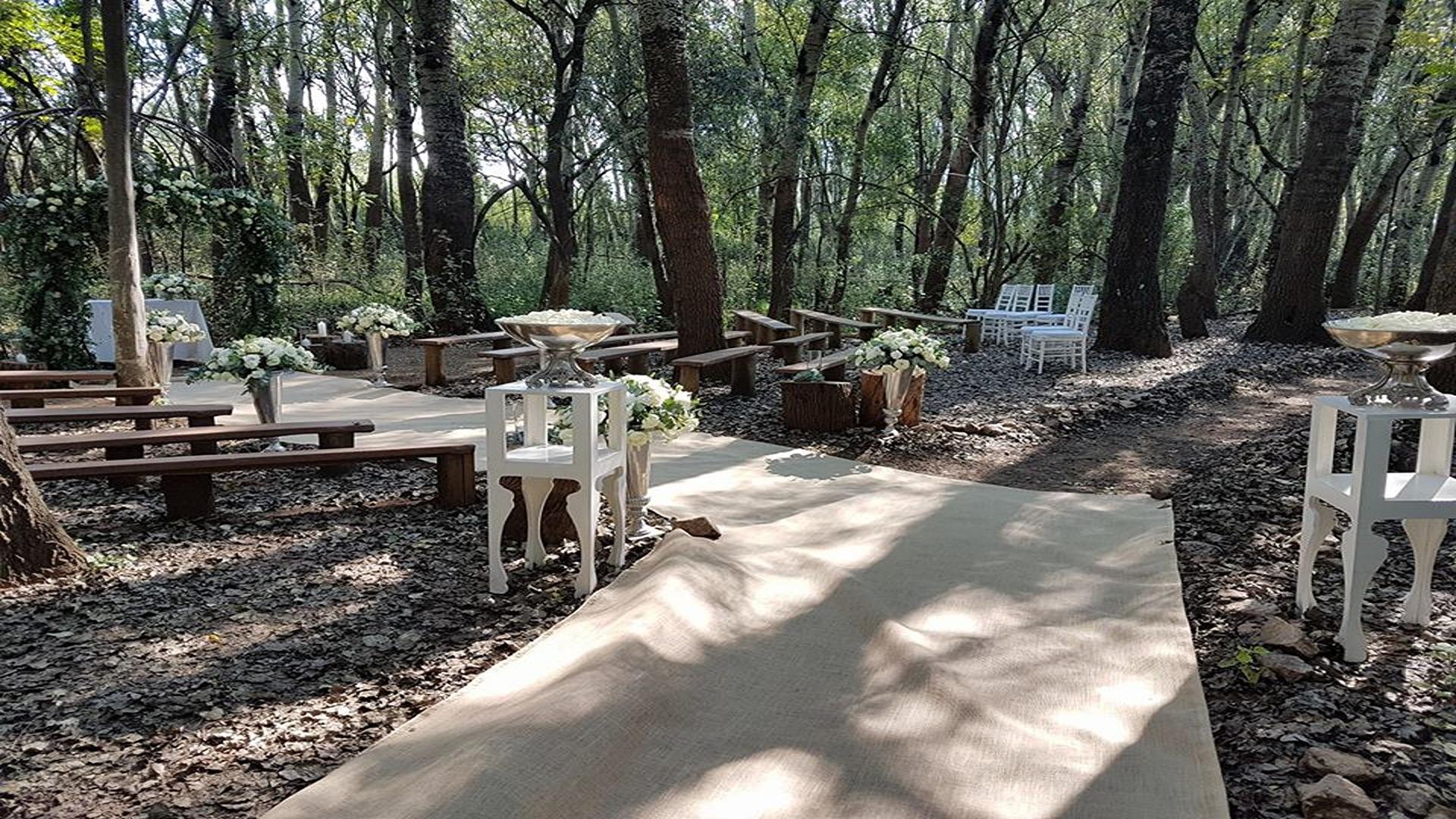 A beautifully decorated outdoor wedding ceremony setup in a forest clearing with chairs and floral arrangements