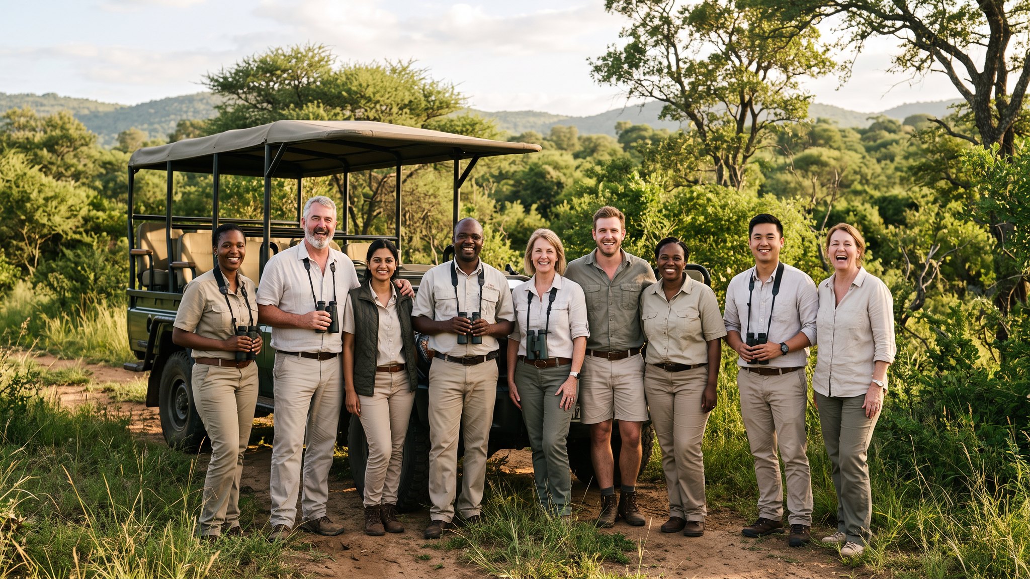 A happy diverse team of colleagues standing together in front of a safari game-drive vehicle in the green bushveld after a game drive