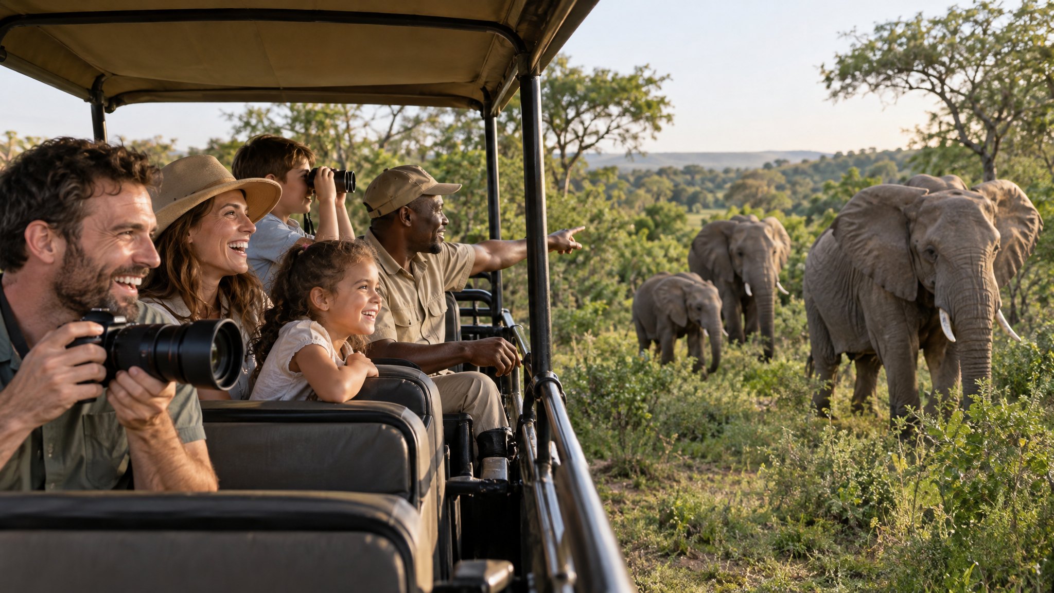 A delighted family in a safari vehicle watching a herd of elephants up close while their guide points them out