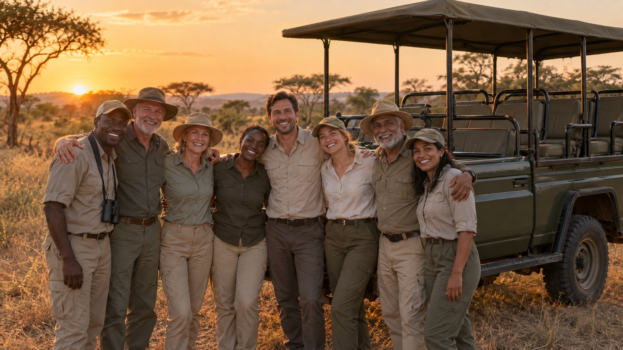 A happy group of friends and family posing together for a photo beside a safari vehicle in the golden bushveld