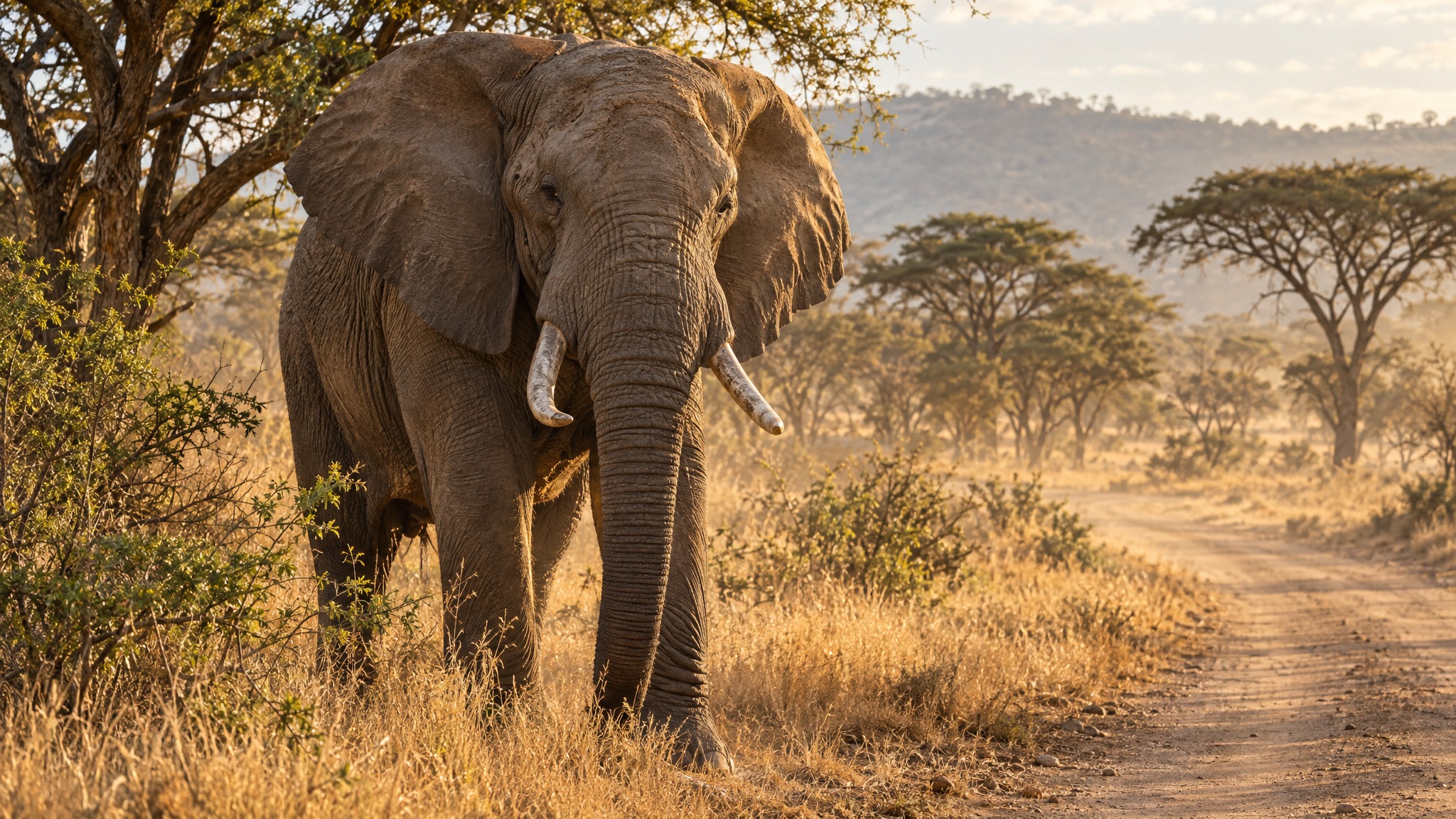 A magnificent elephant bull standing close to the game-drive road in golden bushveld near Johannesburg