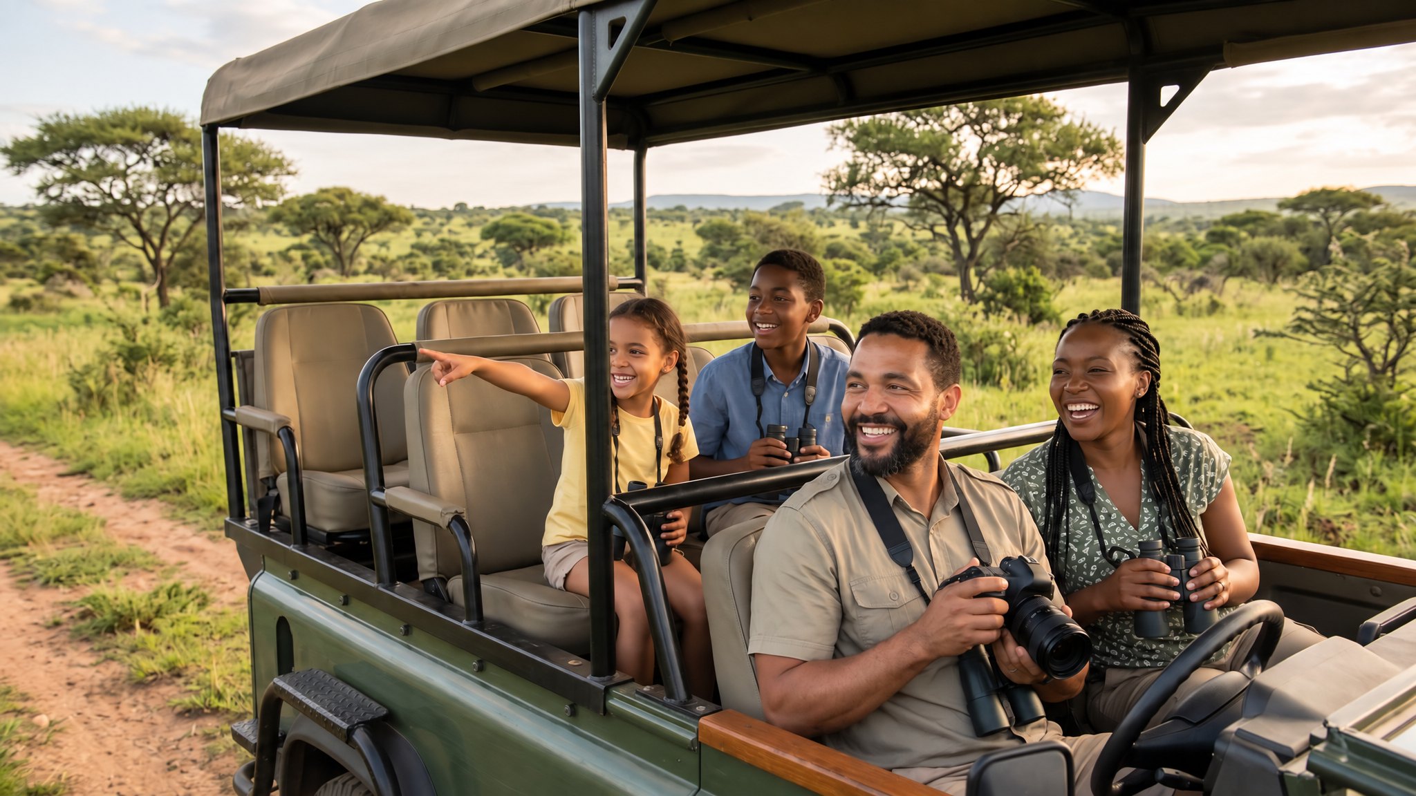 A happy family of four enjoying a game drive in a safari vehicle, the daughter pointing excitedly at wildlife in the green bushveld