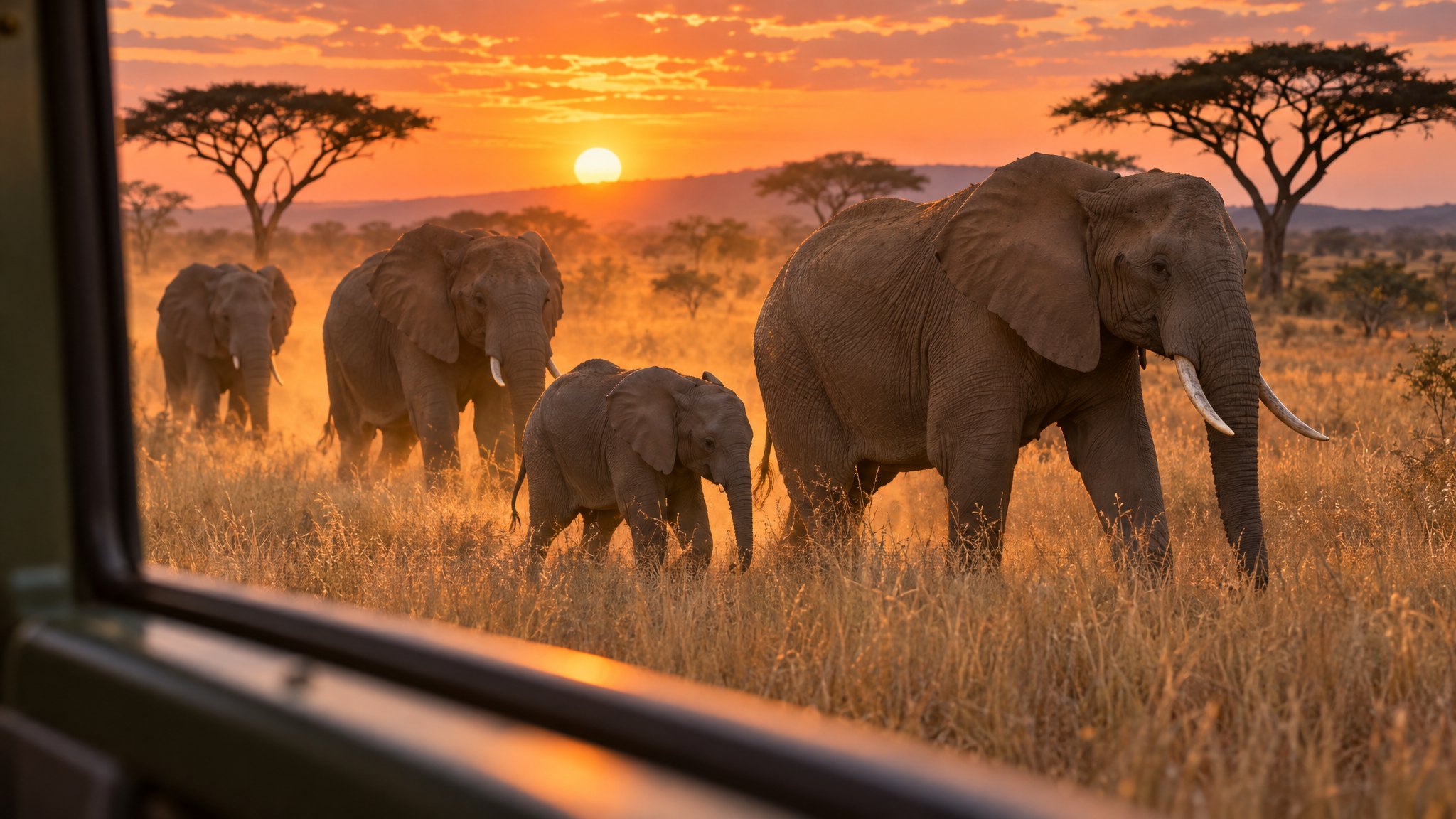 A herd of elephants with a calf walking through golden grass at sunset, seen from inside a safari vehicle near Johannesburg