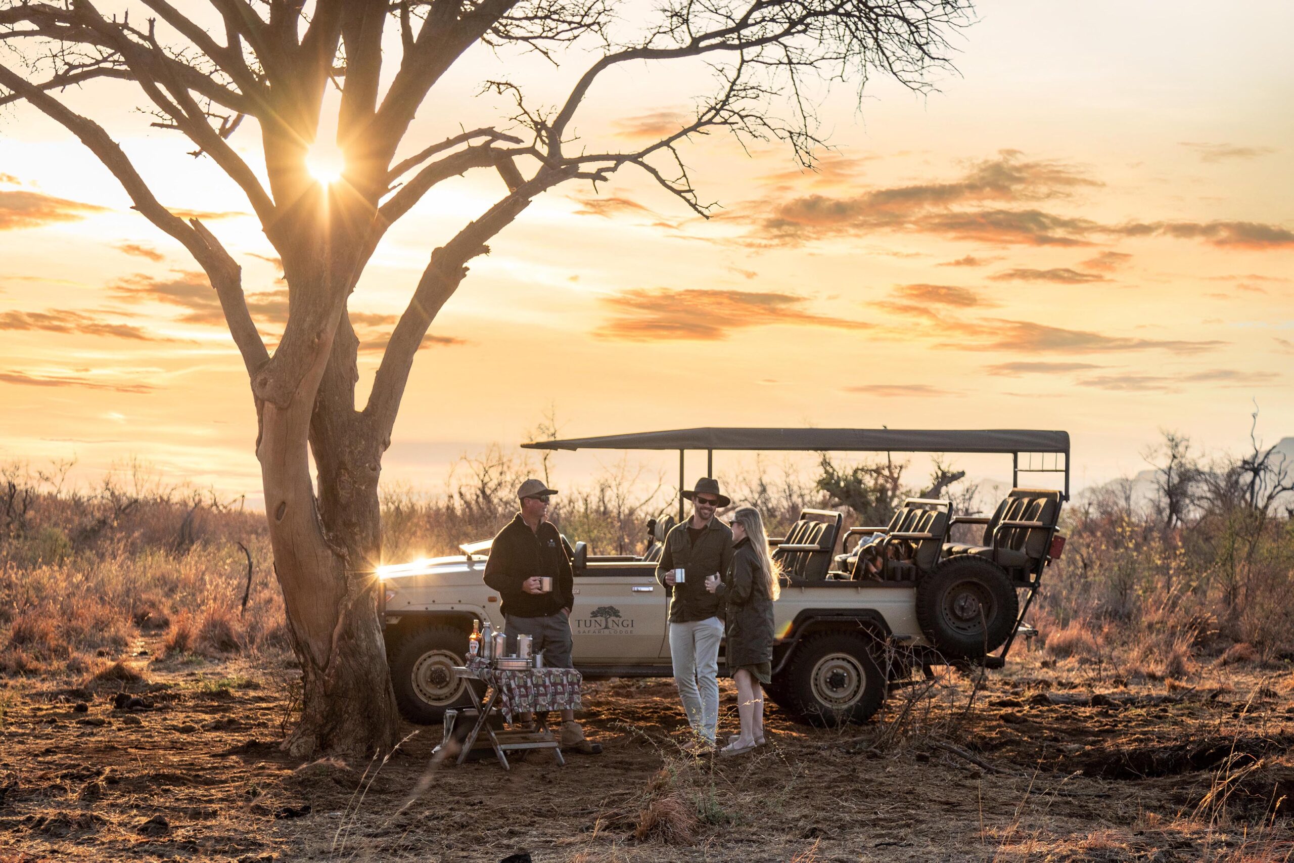 Guests on an open safari game-drive vehicle at sunrise under an acacia tree in the bushveld