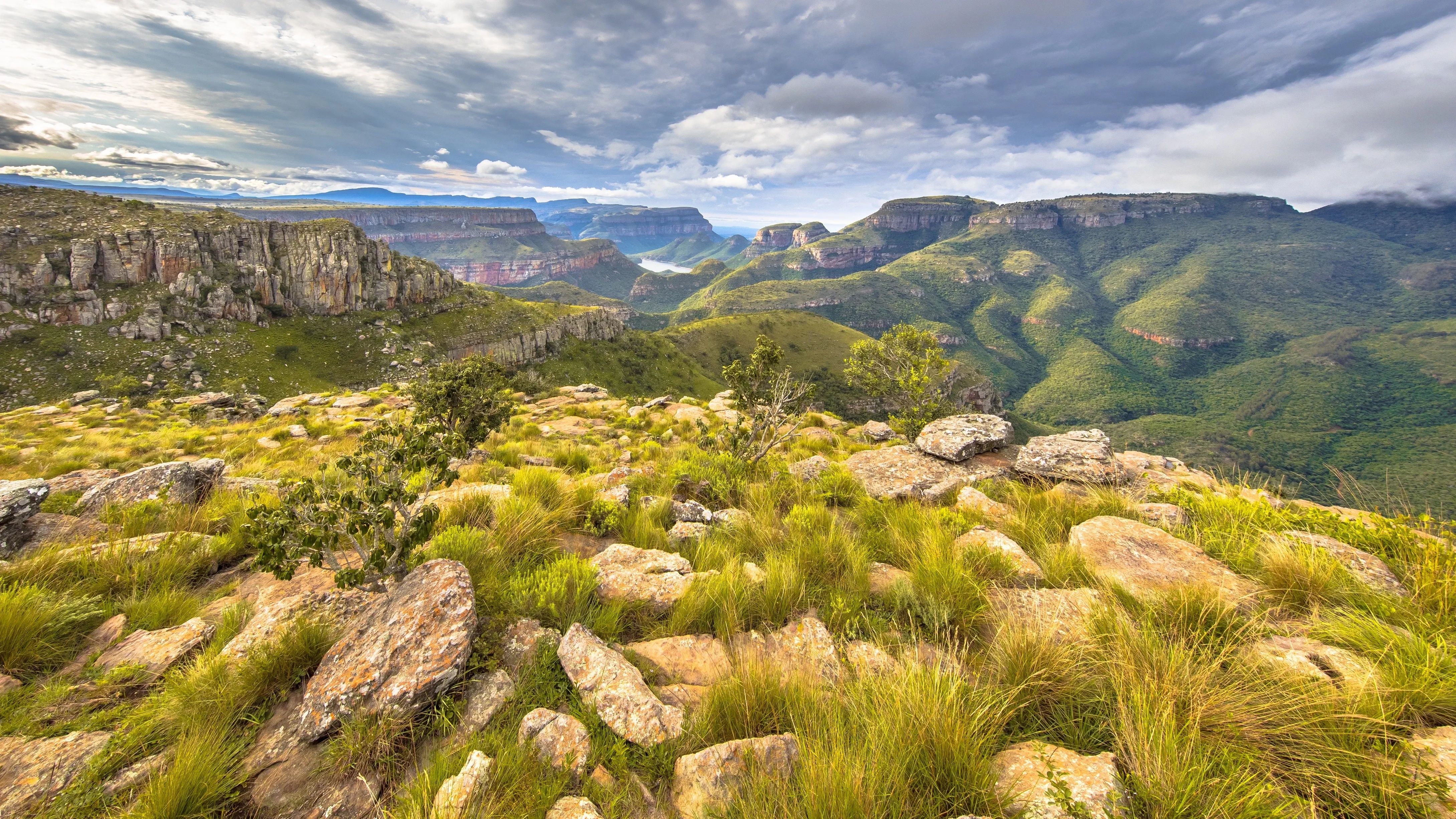 The lush green landscape of the Mpumalanga lowveld during the wet season — dramatic skies, verdant bush, and a completely different Kruger experience