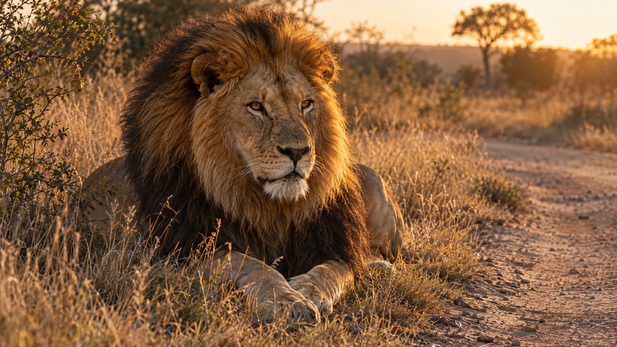 A powerful male lion resting in golden grass beside a dirt track in the bushveld near Johannesburg