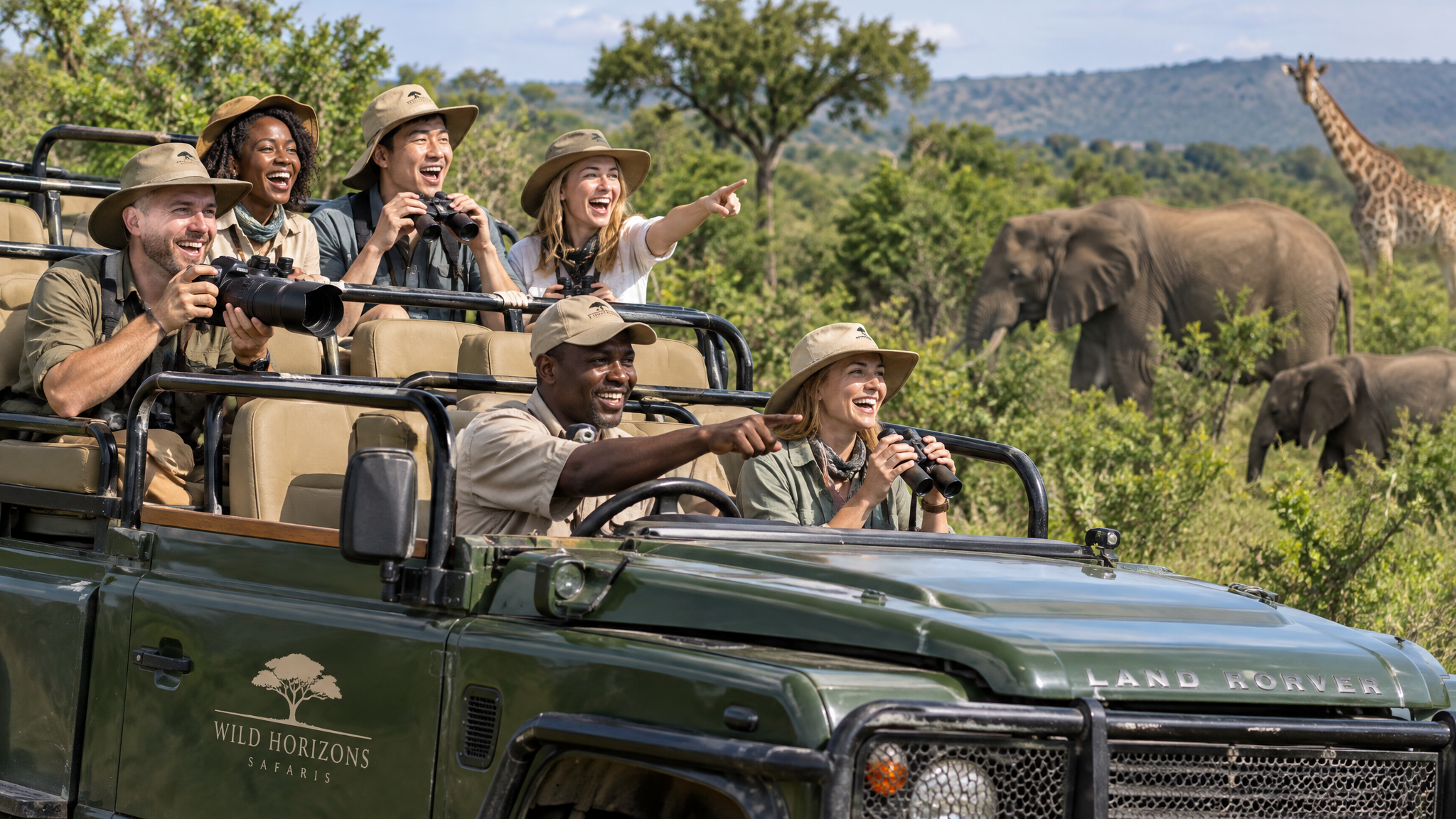 Excited tourists on a safari game drive vehicle in the African bush