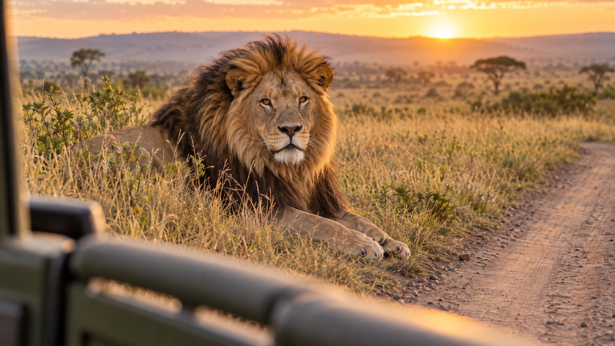 A magnificent male lion resting in golden grass beside a dirt road, seen from a safari vehicle at sunrise