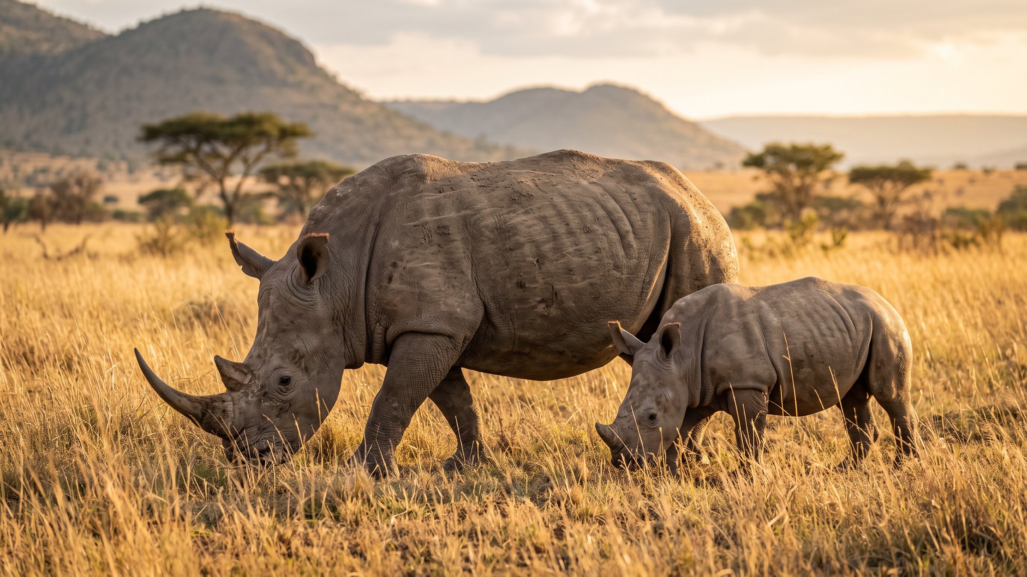 A white rhino mother and her calf grazing in golden Pilanesberg grassland with hills behind