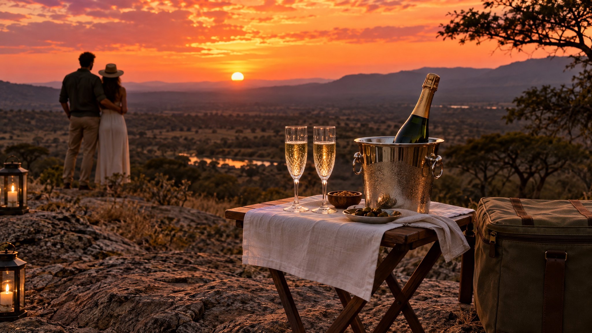 A private champagne sundowner setup on a scenic overlook in the South African bushveld at sunset, with two glasses, an ice bucket and a couple silhouetted in the distance