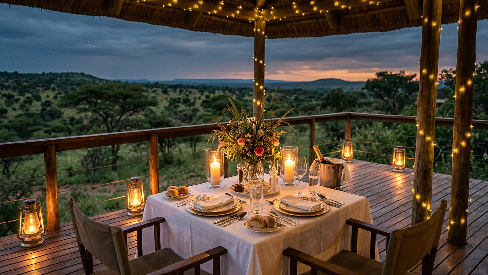 An elegant candlelit bush dinner table set for a celebration on a safari lodge deck at dusk, overlooking the bushveld