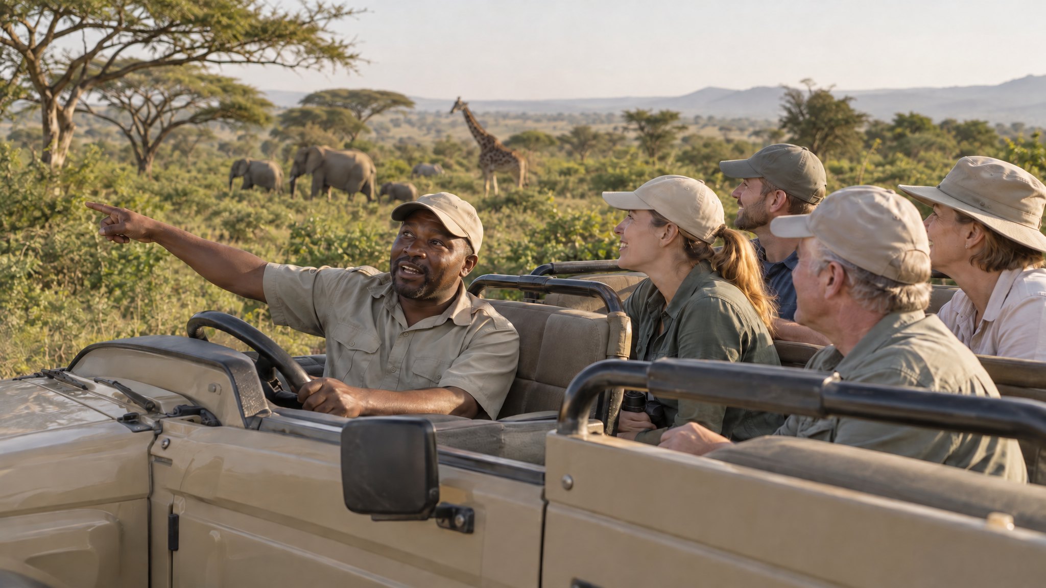 Knowledgeable safari guide at the wheel of a vehicle, turning to point out elephants and a giraffe to engaged, smiling guests in the green bushveld