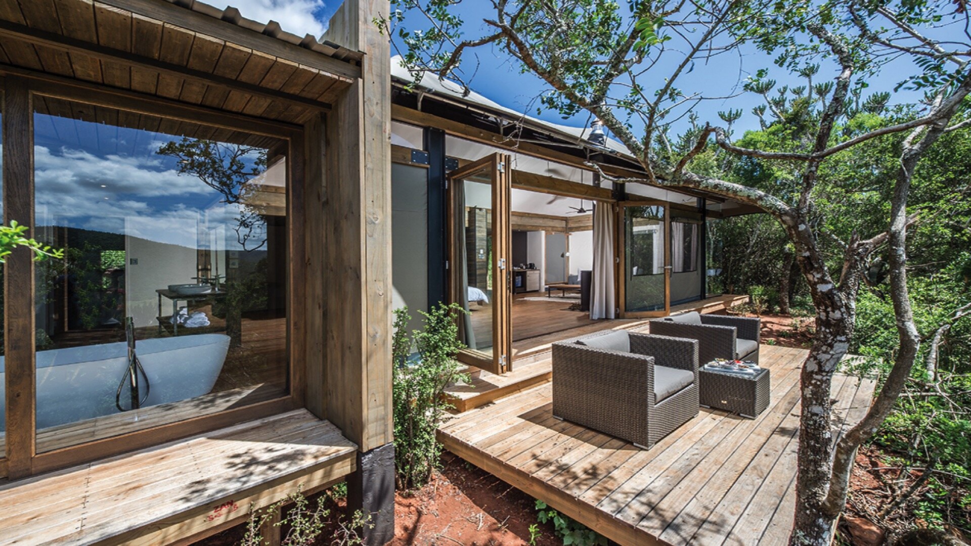 Aerial view of Settlers Drift lodge nestled in the bush above the Bushmans River at Kariega Game Reserve