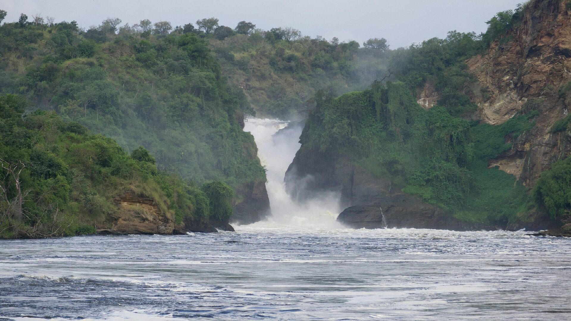 The Nile forces through a narrow 7-metre gorge at Murchison Falls — the world's most powerful waterfall