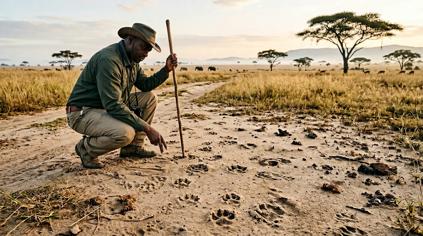 A safari guide crouching to examine animal tracks on the ground, showing the intimate detail of a walking safari