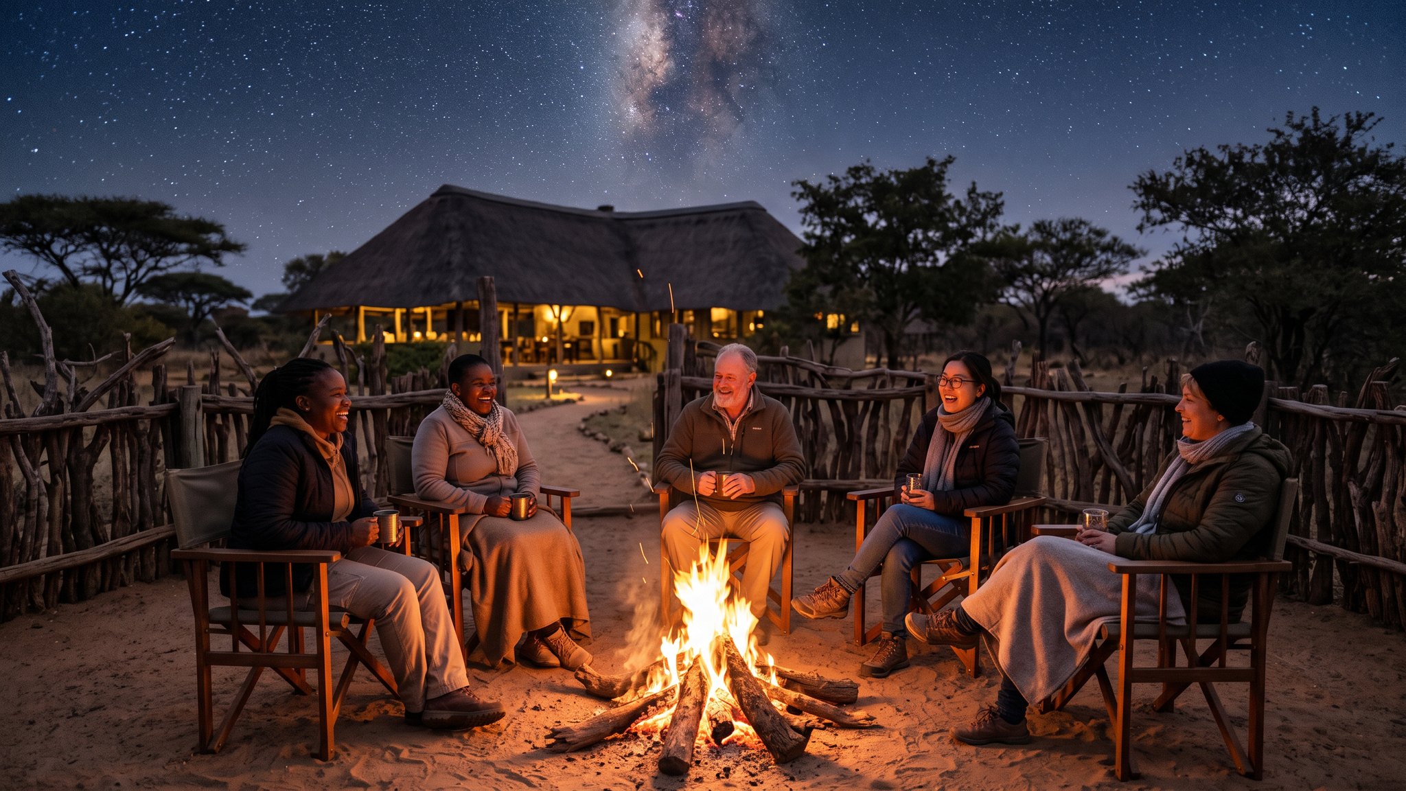 A warm boma campfire glowing under a sky full of stars at a safari lodge in the bush
