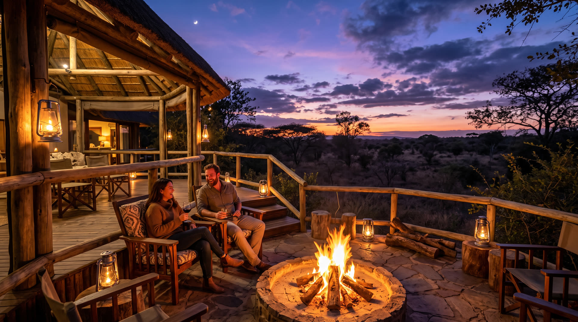 A couple relaxing with drinks on a safari lodge deck beside a boma fire pit at dusk overlooking the bushveld