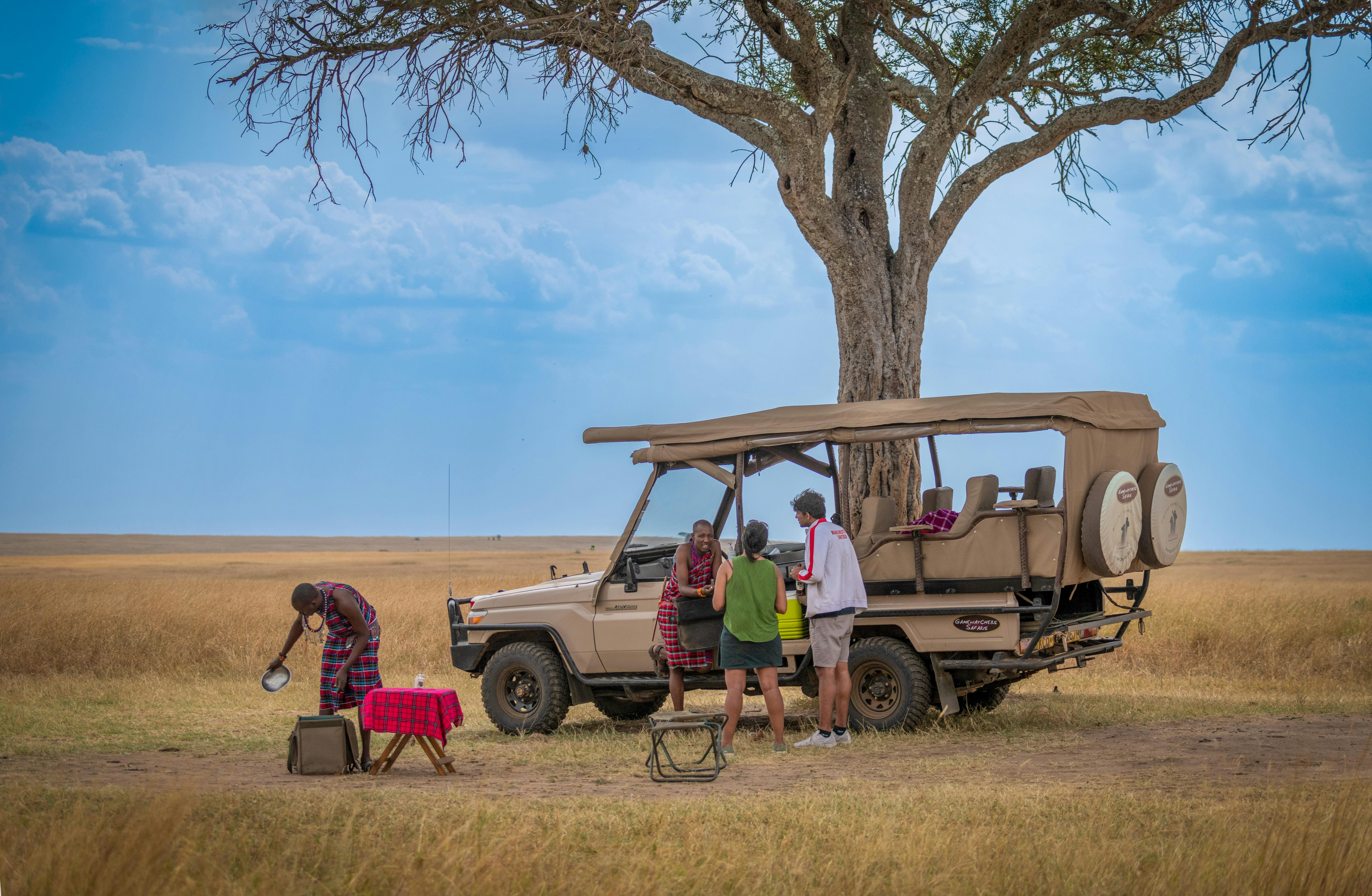 Open game drive vehicle at sunrise